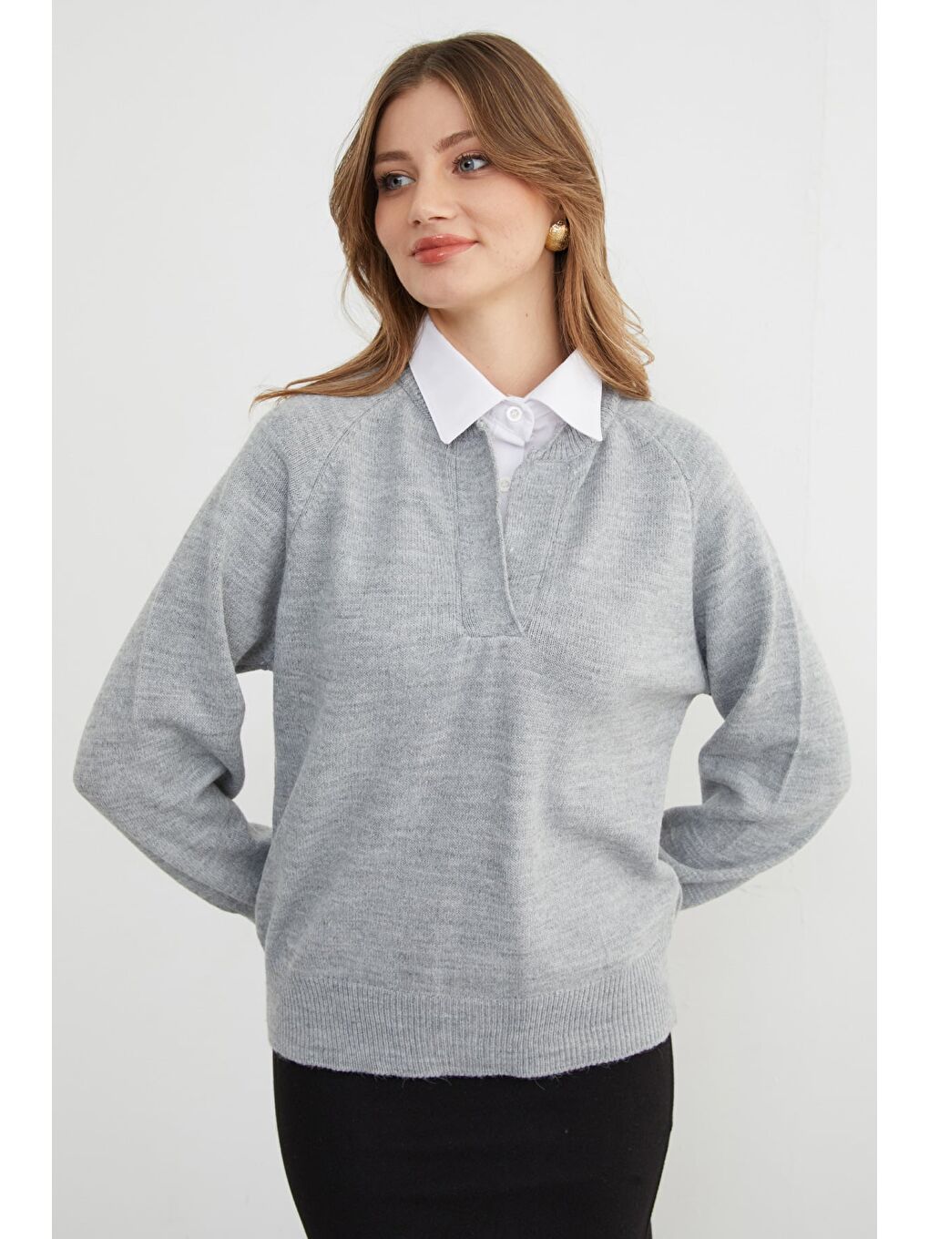 Gri Basic Gömlek Yaka Triko Kazak-2