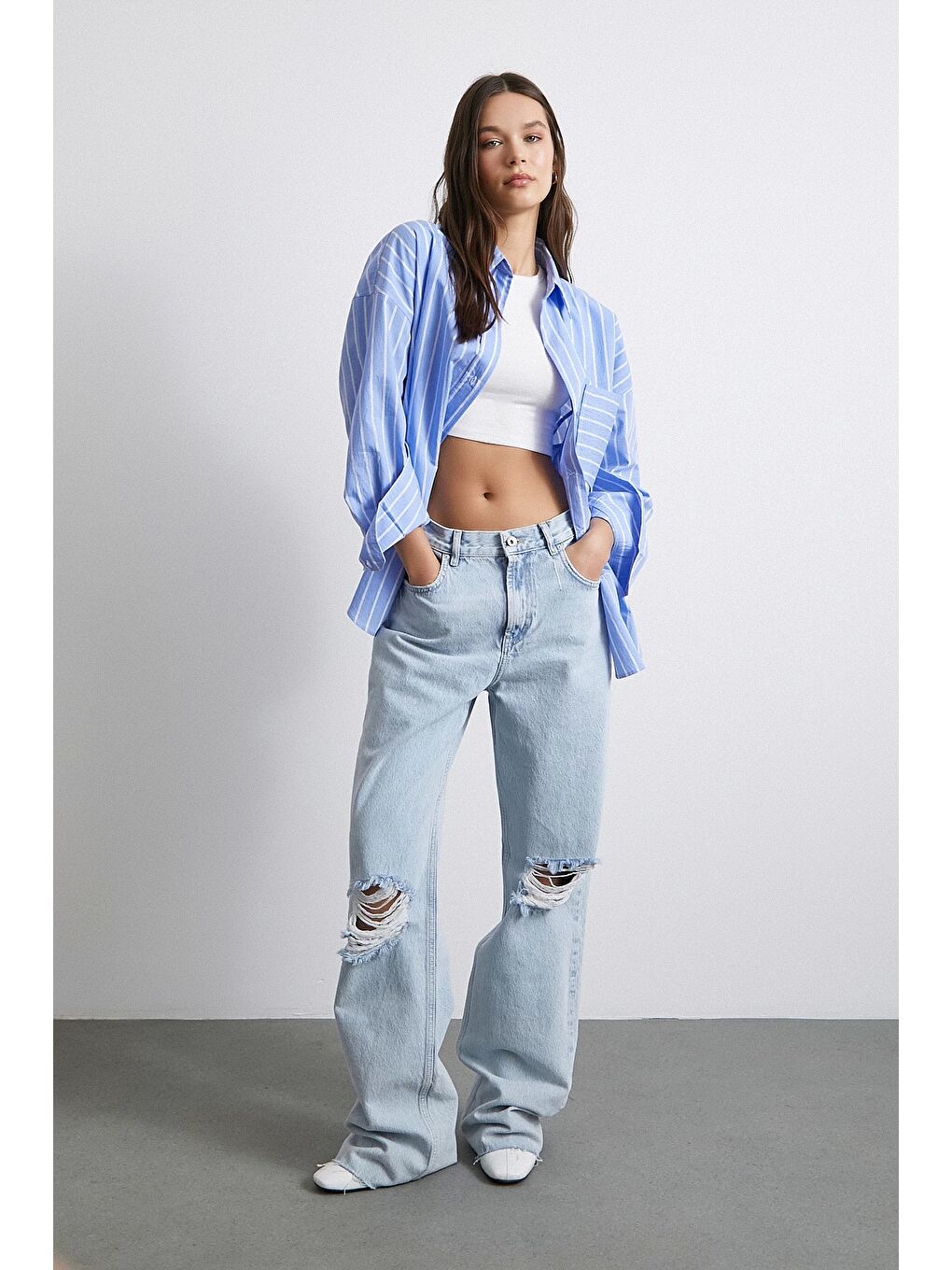 Basic Organik Pamuk Çizgili Gömlek Mavi-3