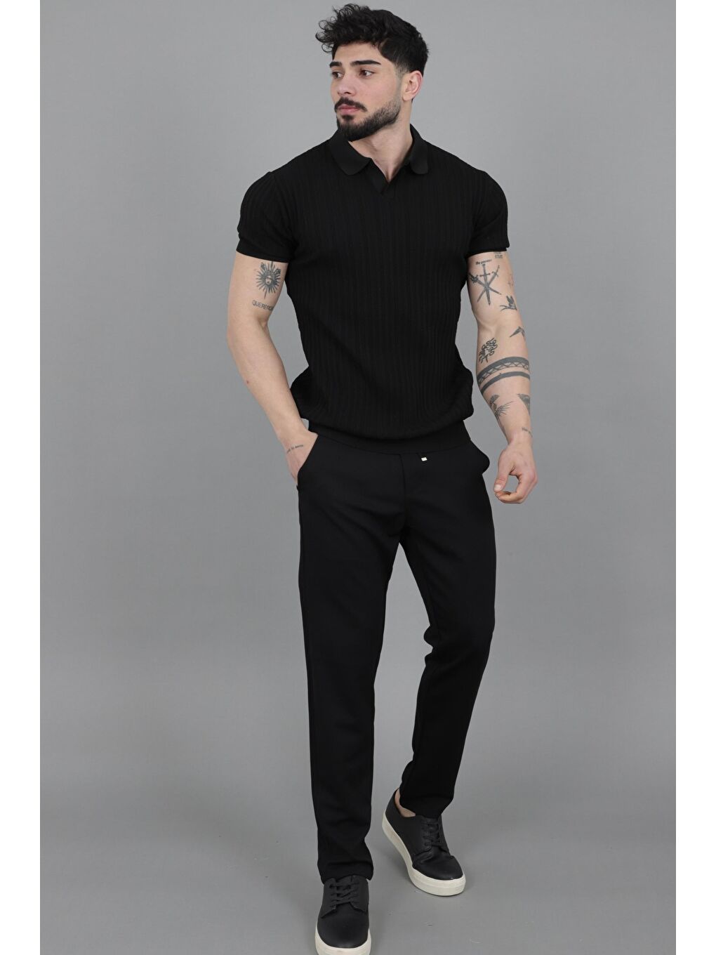Siyah Apaç Yaka Örgü Triko Tişört JRX 5003_30495-4