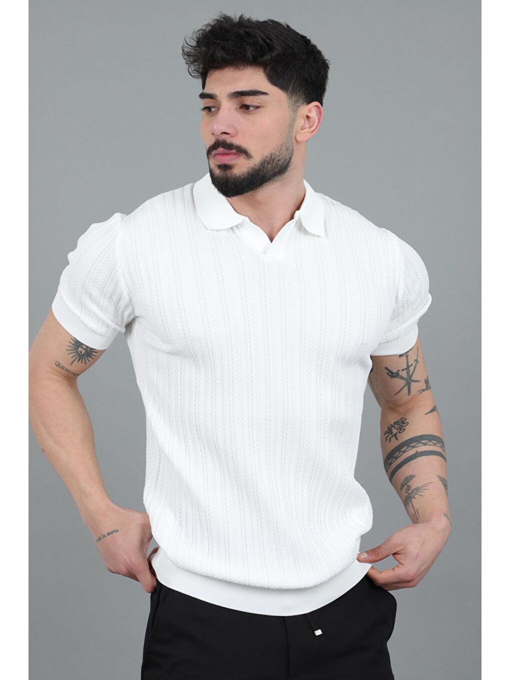 Beyaz Apaç Yaka Örgü Triko Tişört JRX 5003_30495-3