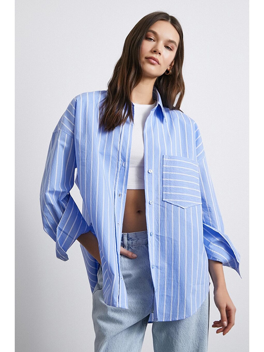 Basic Organik Pamuk Çizgili Gömlek Mavi-4