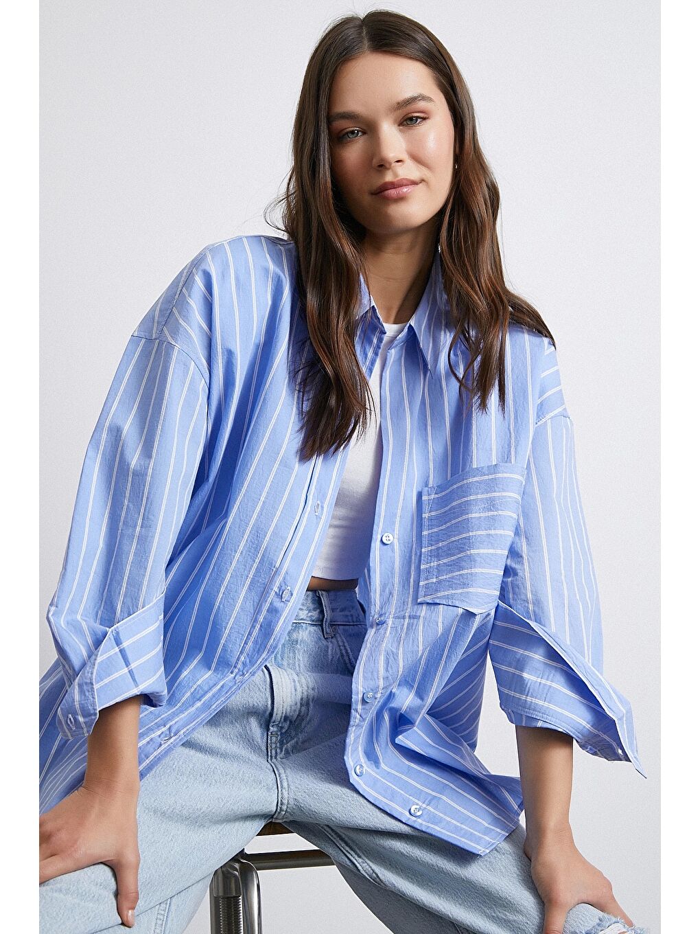 Basic Organik Pamuk Çizgili Gömlek Mavi-5
