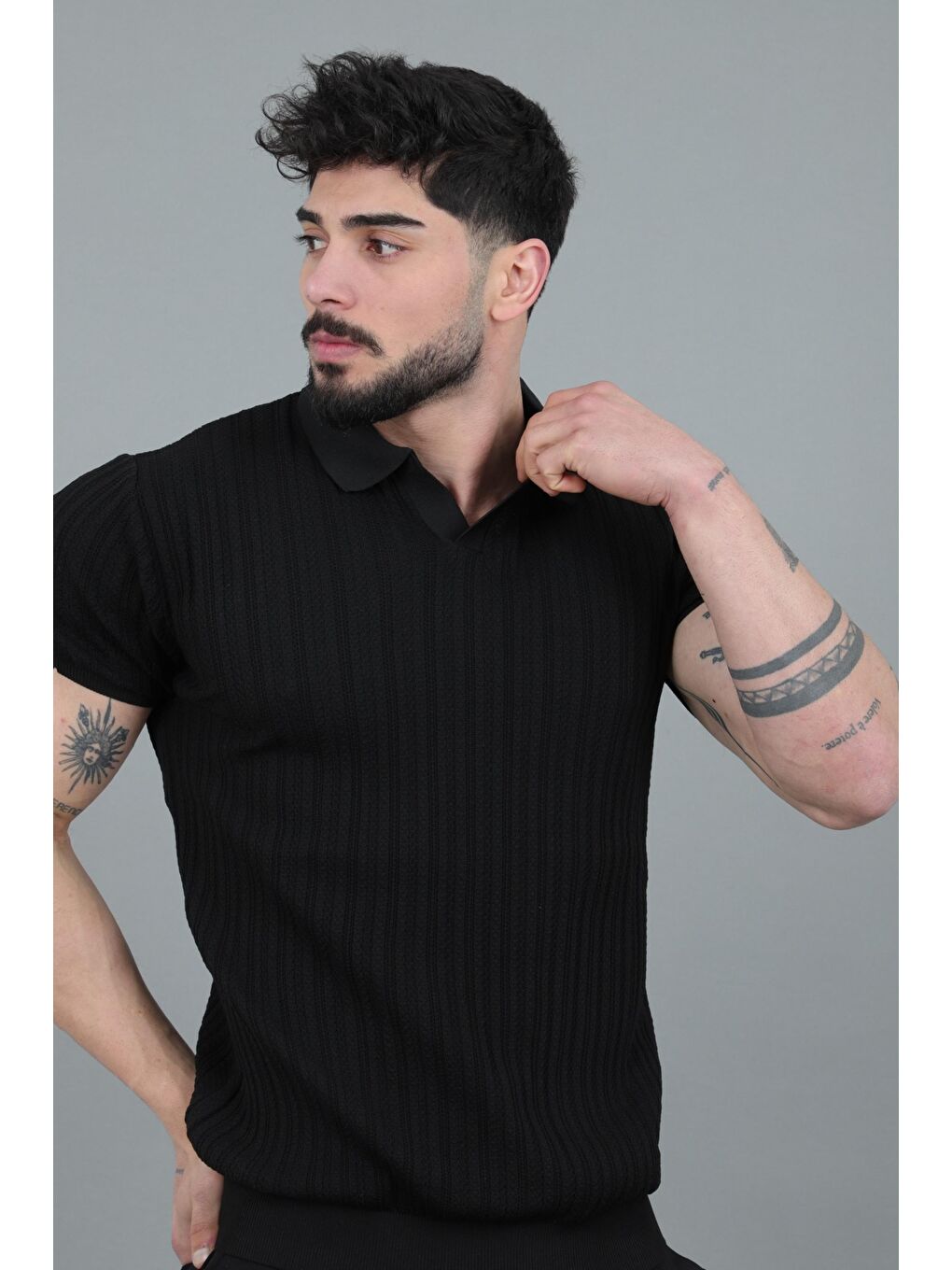 Siyah Apaç Yaka Örgü Triko Tişört JRX 5003_30495-5
