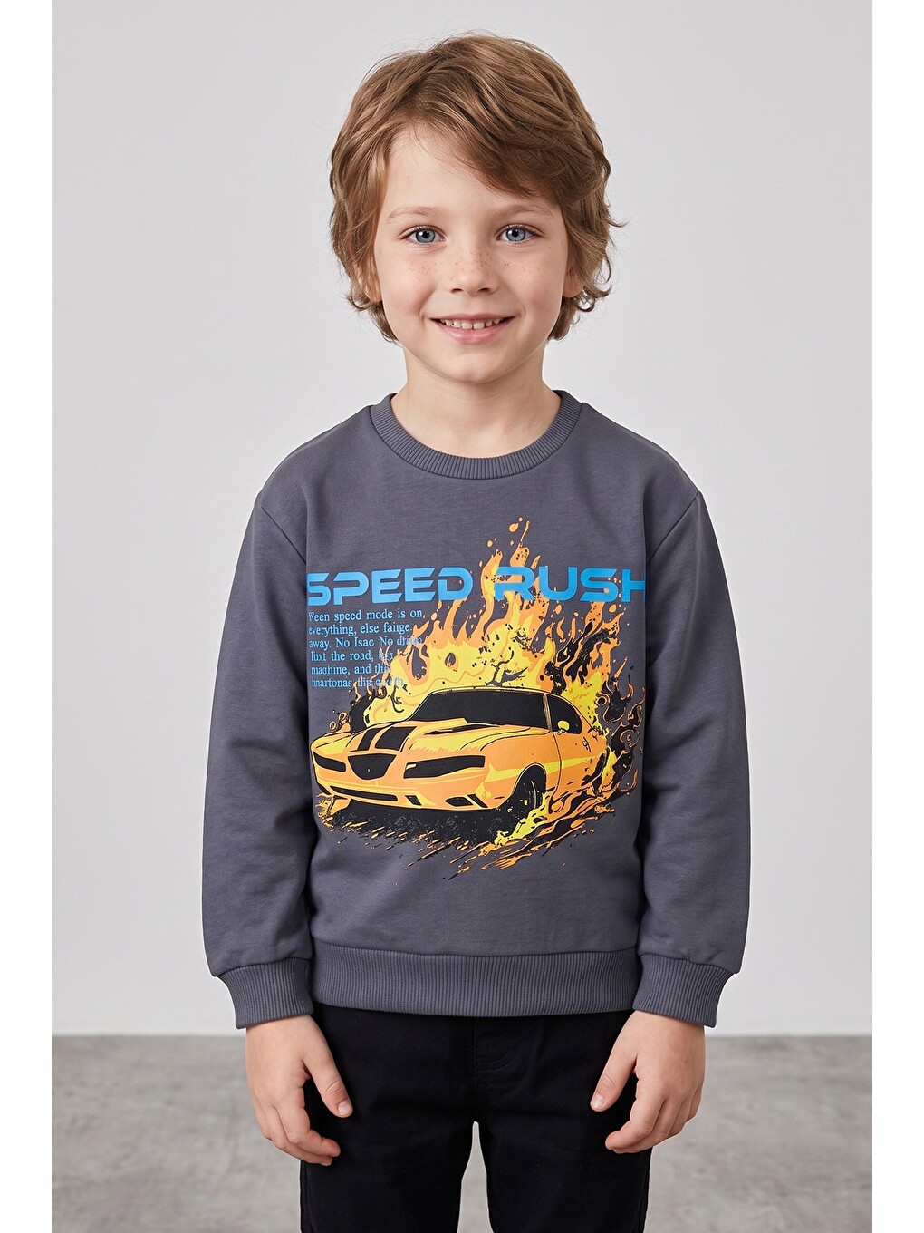 Gri Araba Baskılı Erkek Çocuk Sweatshirt-1