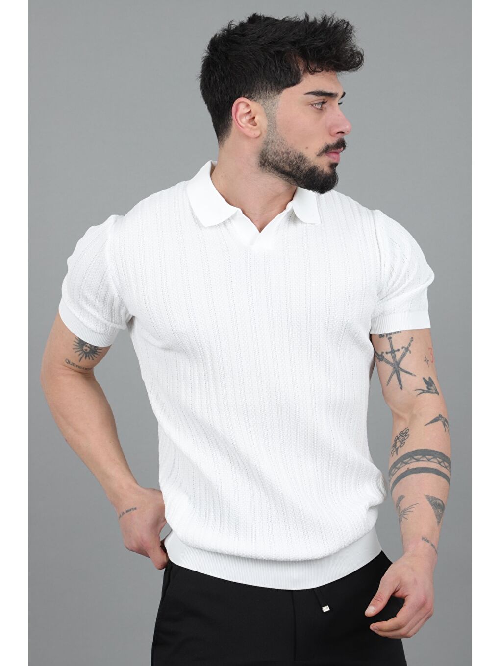 Beyaz Apaç Yaka Örgü Triko Tişört JRX 5003_30495-4