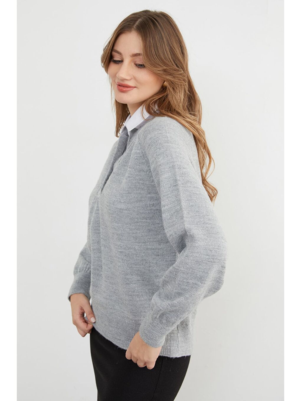 Gri Basic Gömlek Yaka Triko Kazak-3