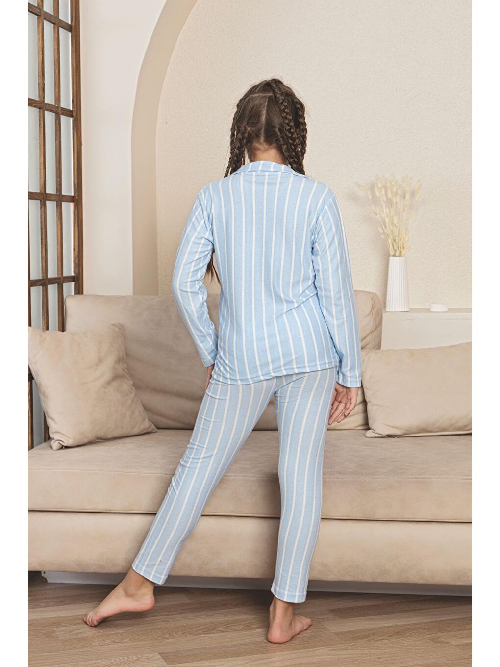 Kız Çocuk Süet Önden Düğmeli Pijama Takım | Mavi P605-166-1