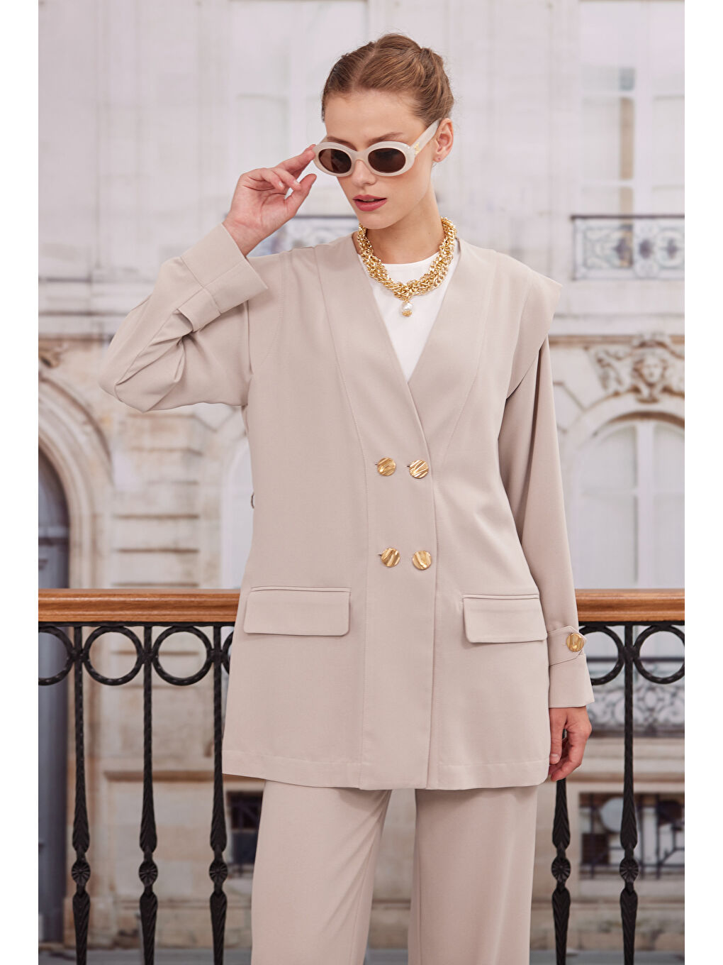 Kruvaze Blazer Ceket Pantolon Takım Bej