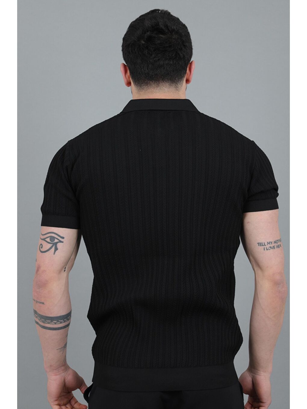 Siyah Apaç Yaka Örgü Triko Tişört JRX 5003_30495-6