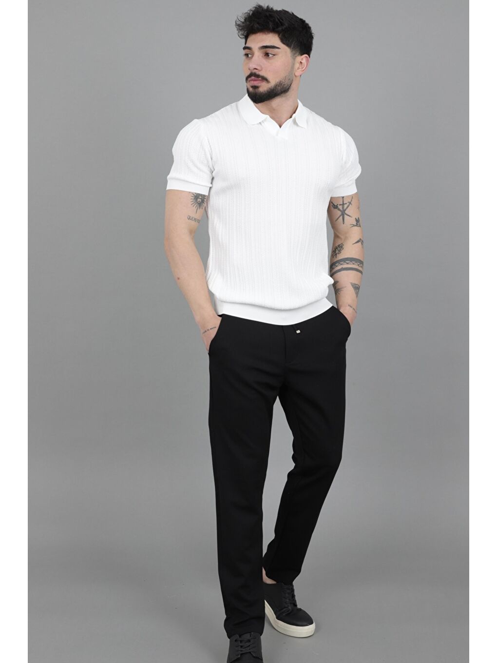 Beyaz Apaç Yaka Örgü Triko Tişört JRX 5003_30495-5