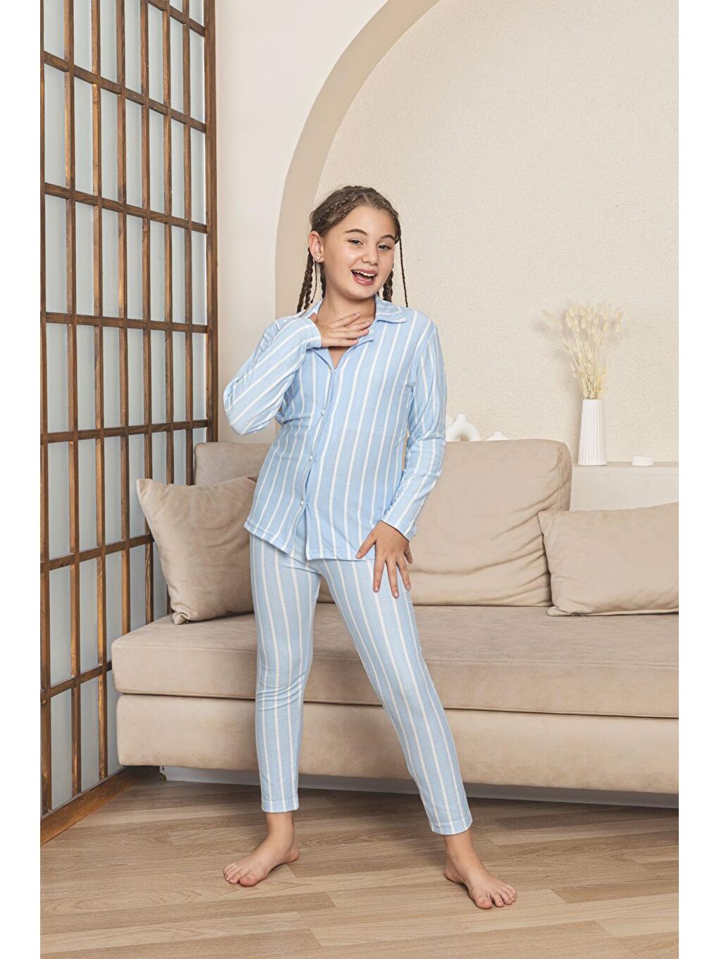 Kız Çocuk Süet Önden Düğmeli Pijama Takım | Mavi P605-166-2