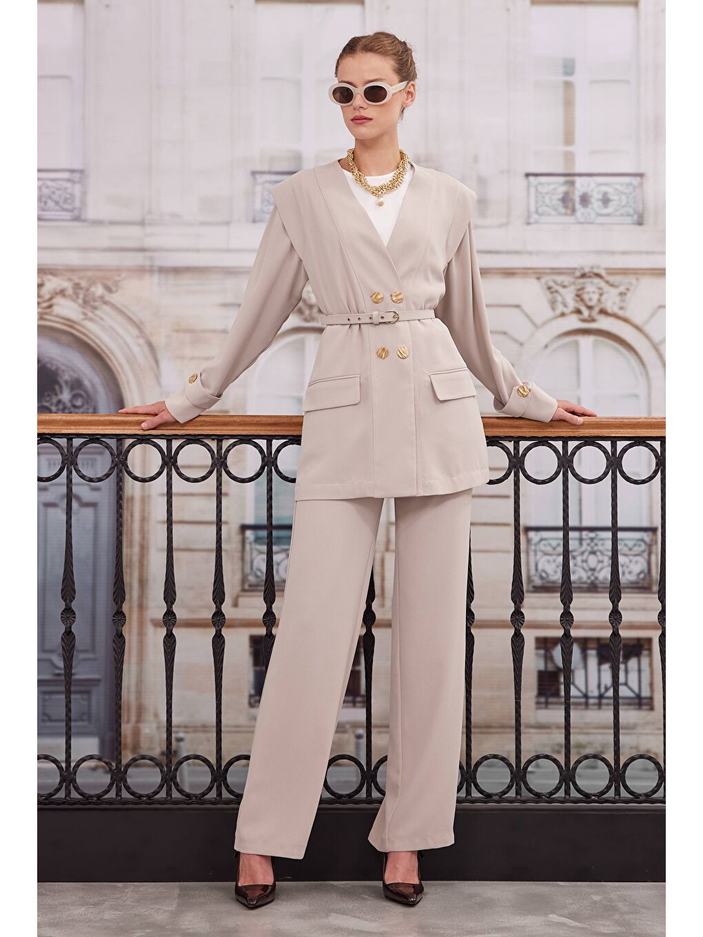 Kruvaze Blazer Ceket Pantolon Takım Bej-1
