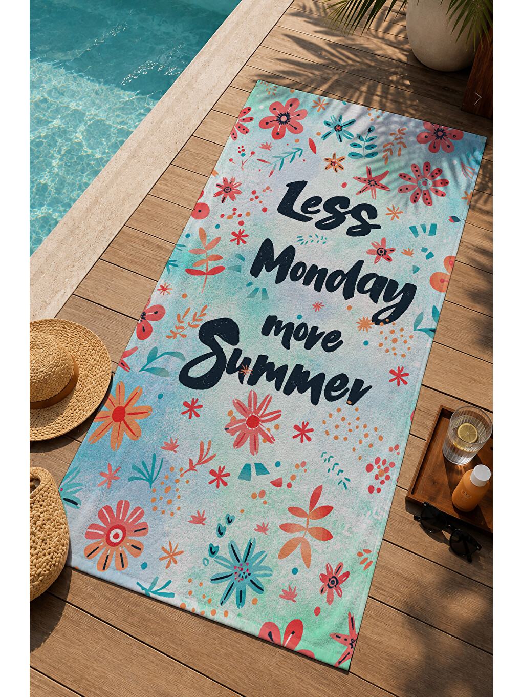 Beyaz Çiçekli Less Mondays More Summer Yazılı 70x150 Cm Dijital Baskılı Plaj Ve Banyo Havlusu-2