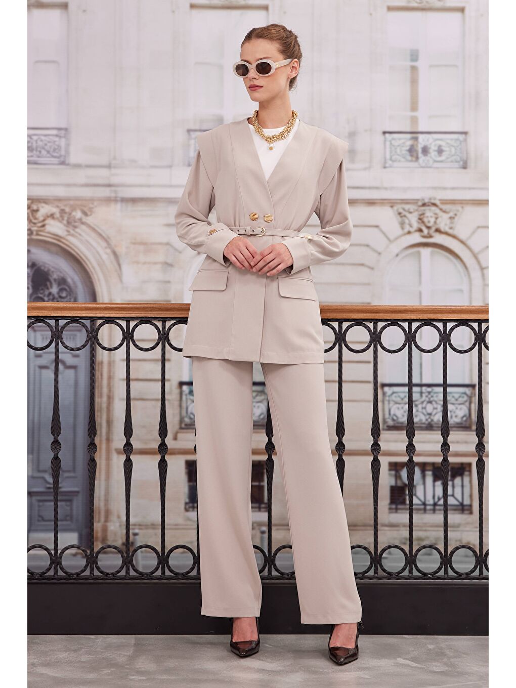 Kruvaze Blazer Ceket Pantolon Takım Bej-2