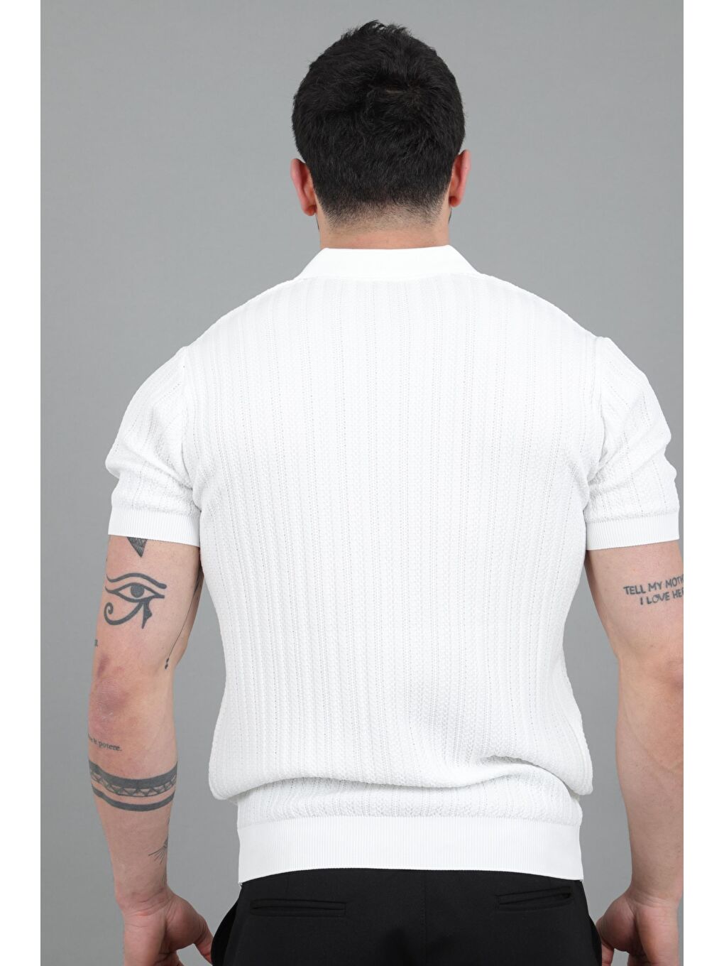 Beyaz Apaç Yaka Örgü Triko Tişört JRX 5003_30495-6