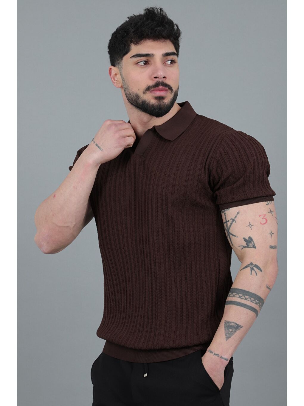 Kahverengi Apaç Yaka Örgü Triko Tişört JRX 5003_30495-1