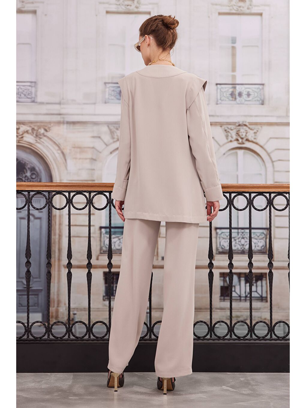 Kruvaze Blazer Ceket Pantolon Takım Bej-3