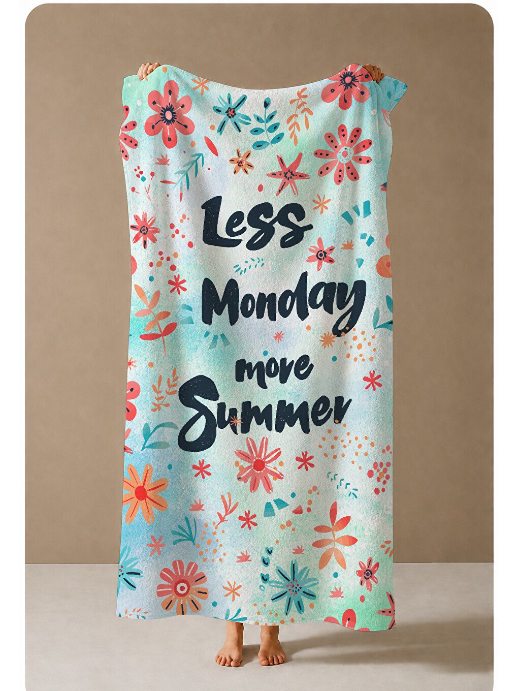 Beyaz Çiçekli Less Mondays More Summer Yazılı 70x150 Cm Dijital Baskılı Plaj Ve Banyo Havlusu-3