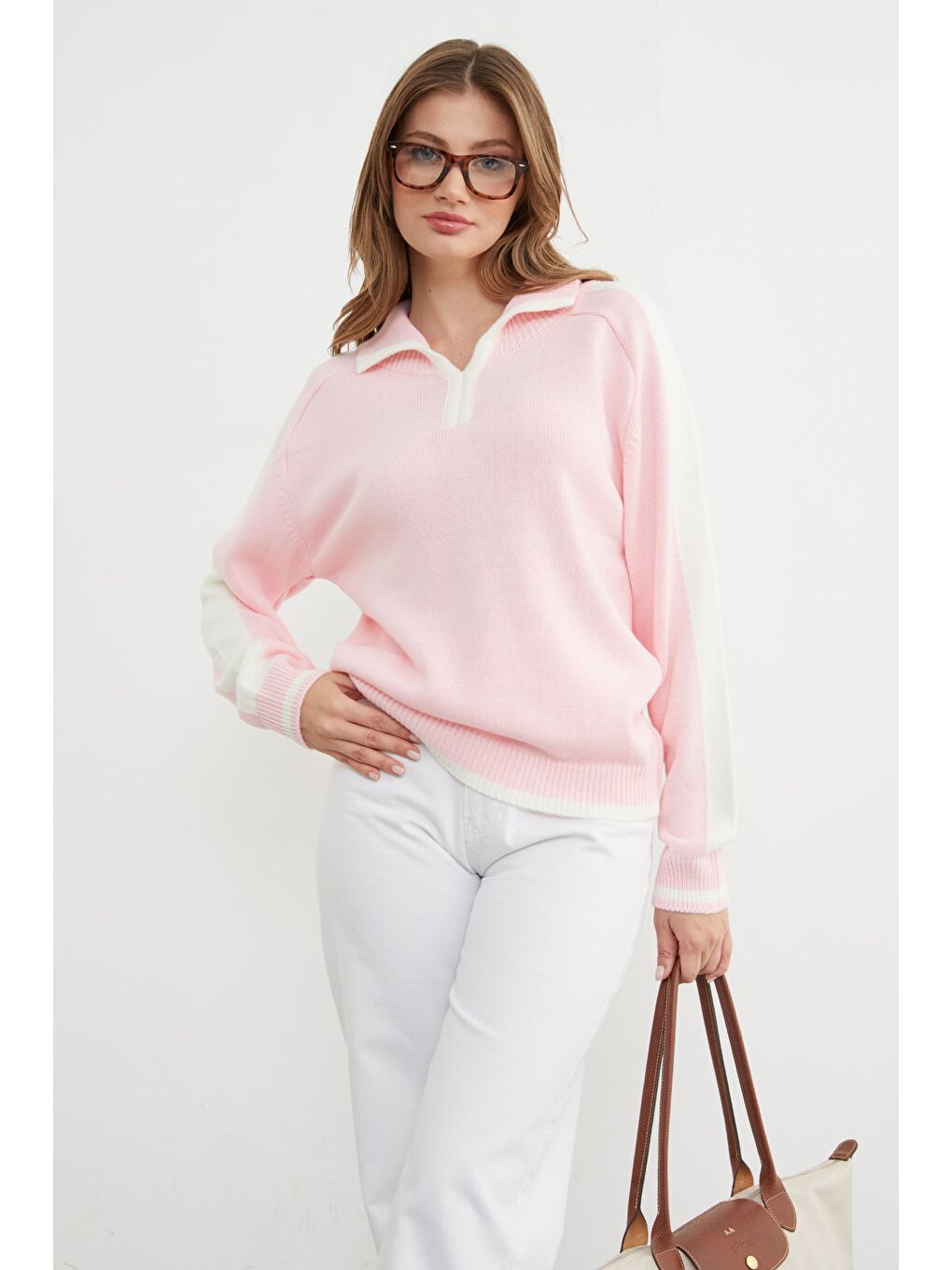 Pembe Şeritli Polo Yaka Salaş Triko Kazak