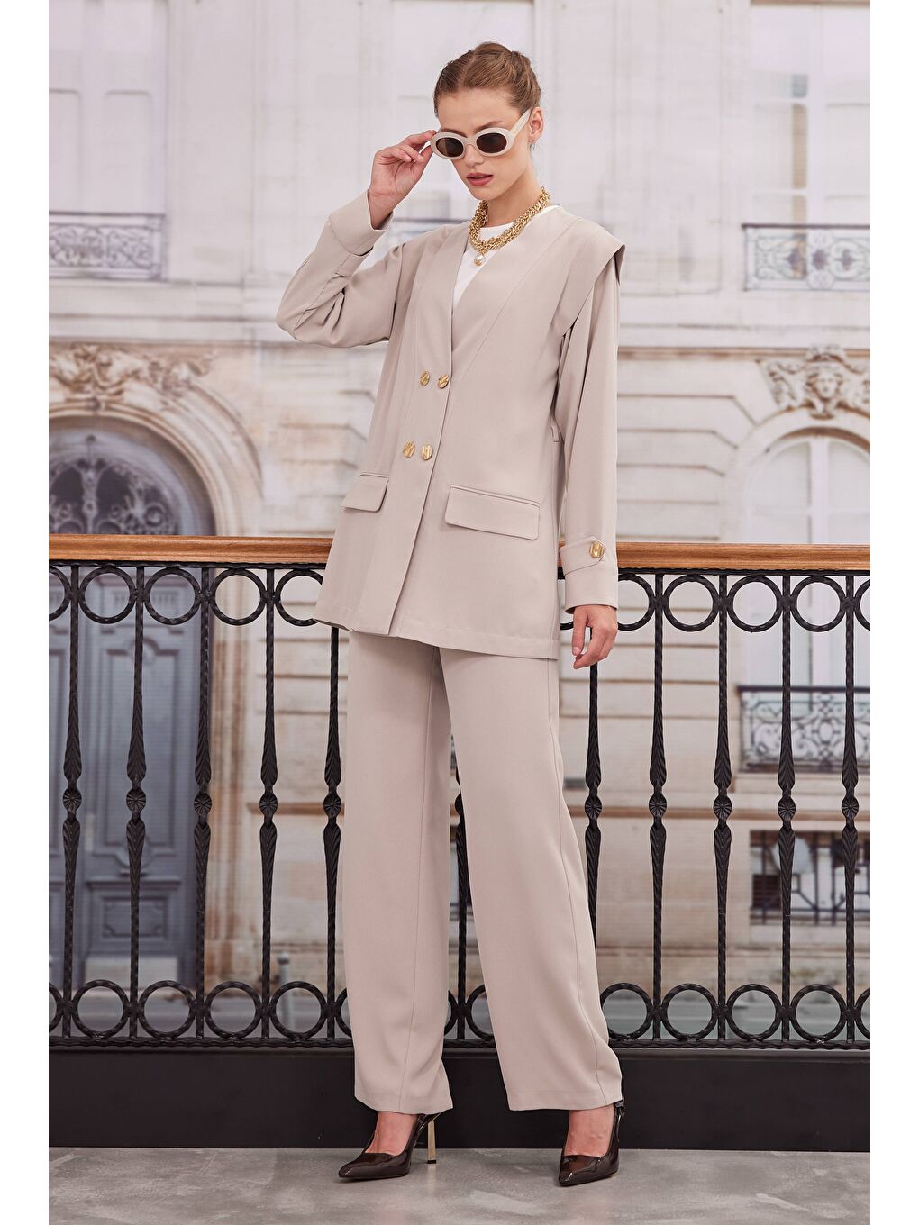 Kruvaze Blazer Ceket Pantolon Takım Bej-4