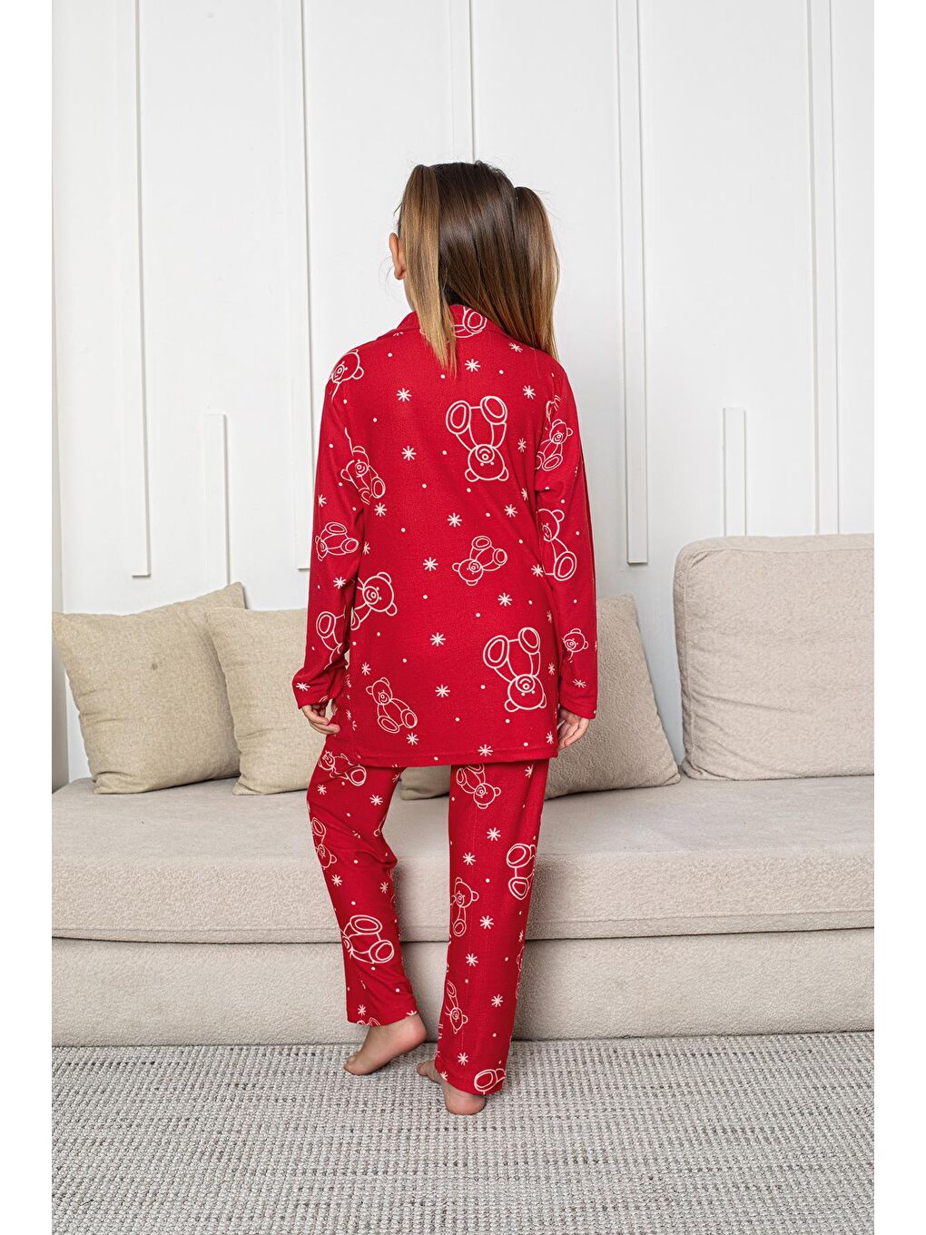 Kız Çocuk Süet Önden Düğmeli Pijama Takım | Kırmızı P605-164-1