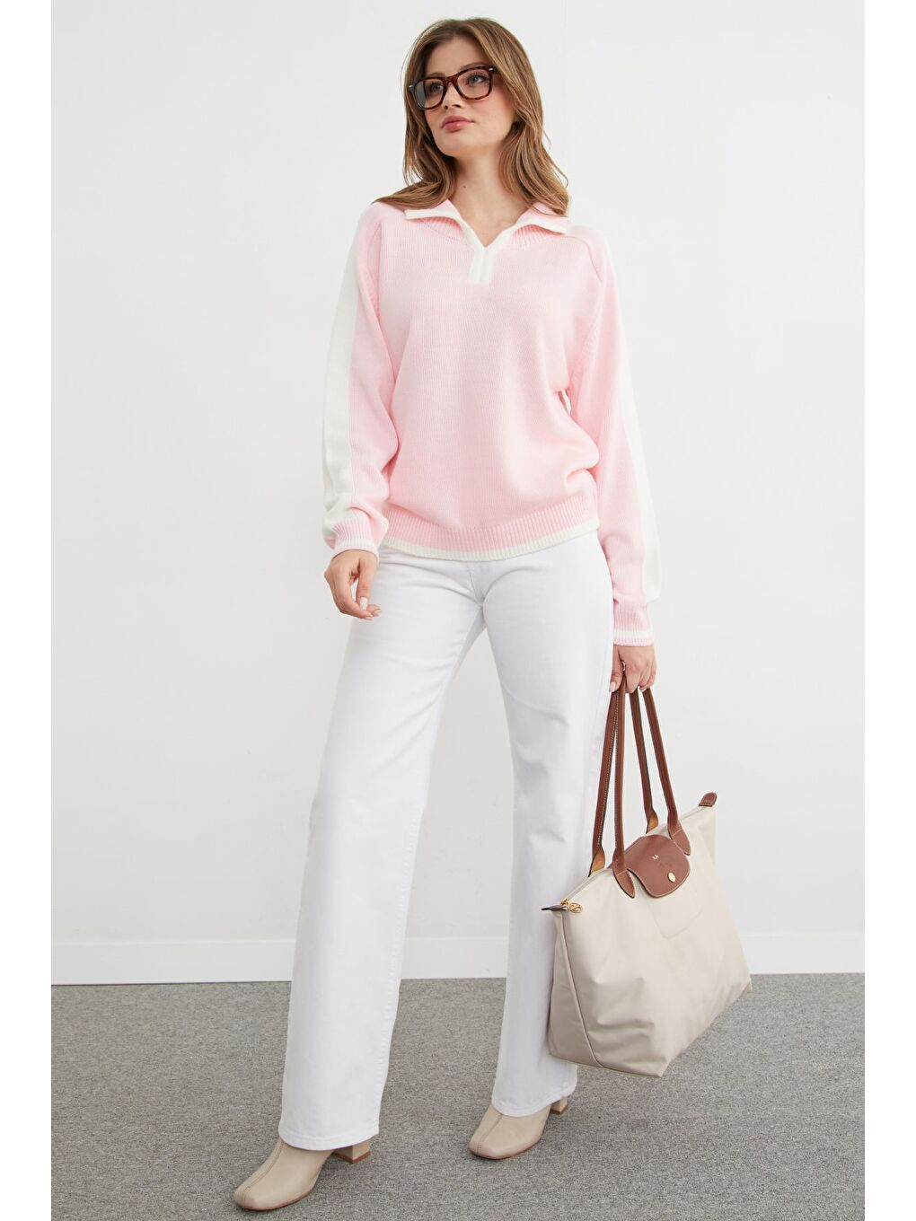 Pembe Şeritli Polo Yaka Salaş Triko Kazak-1