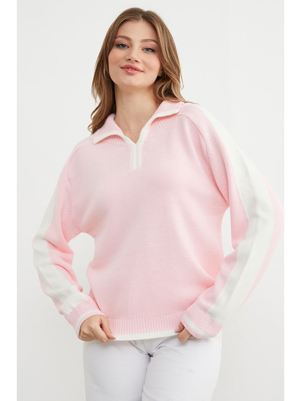 Pembe Şeritli Polo Yaka Salaş Triko Kazak-2