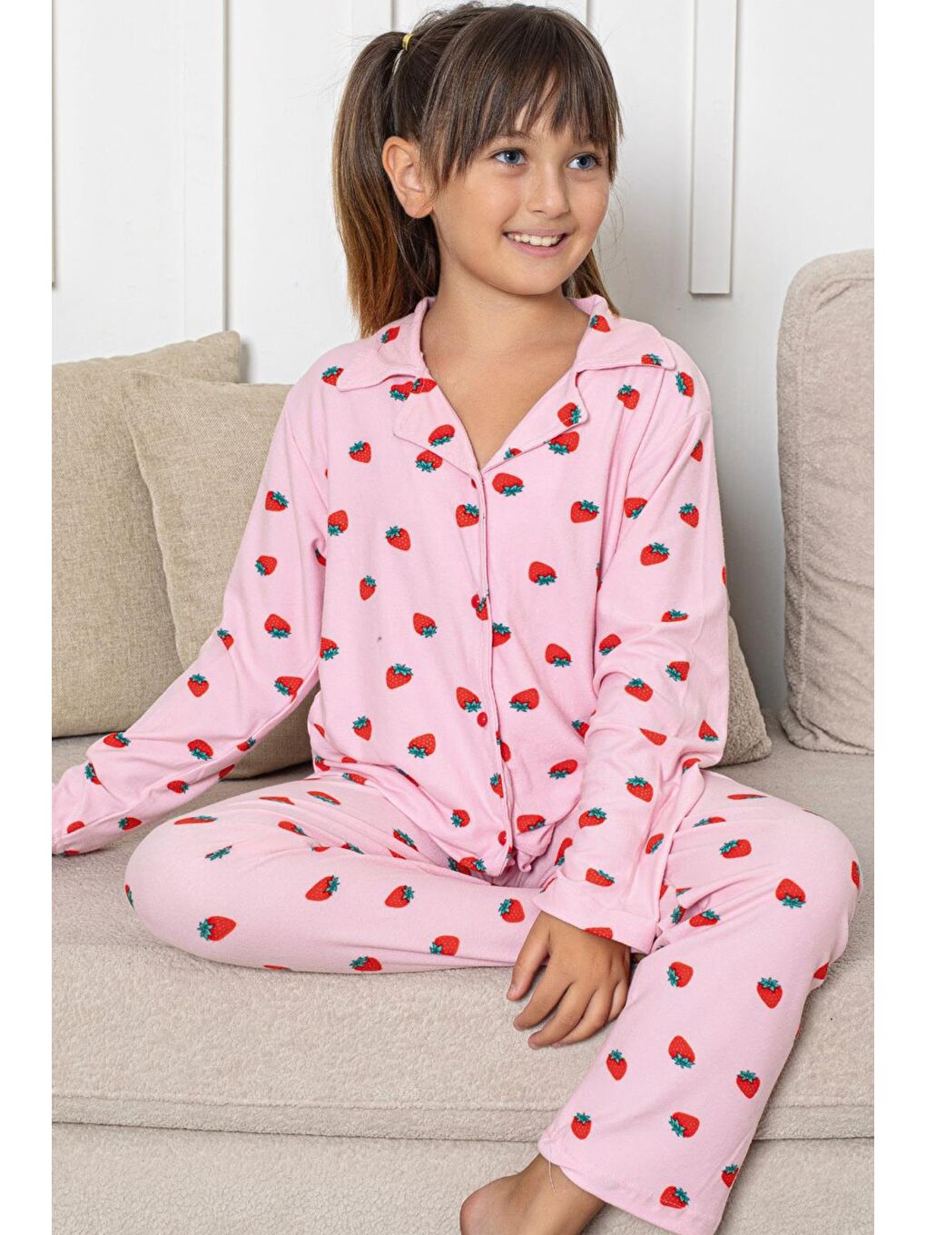 Kız Çocuk Süet Önden Düğmeli Pijama Takım | Pembe P605-163