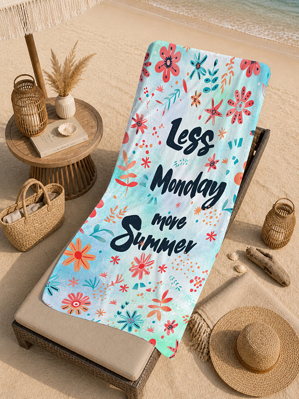 Beyaz Çiçekli Less Mondays More Summer Yazılı 70x150 Cm Dijital Baskılı Plaj Ve Banyo Havlusu-4