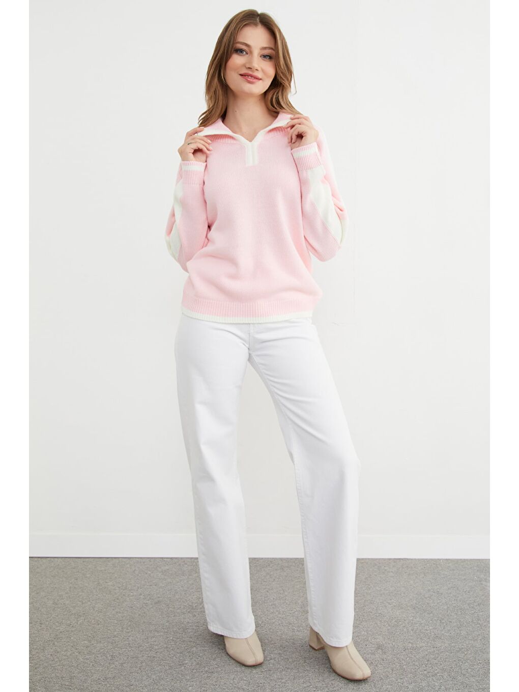 Pembe Şeritli Polo Yaka Salaş Triko Kazak-3