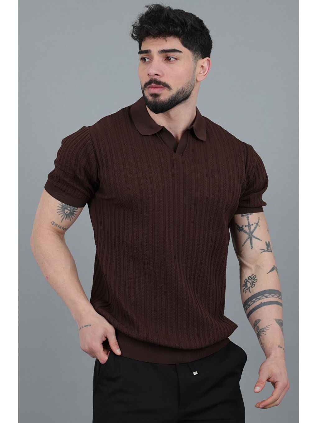 Kahverengi Apaç Yaka Örgü Triko Tişört JRX 5003_30495-2