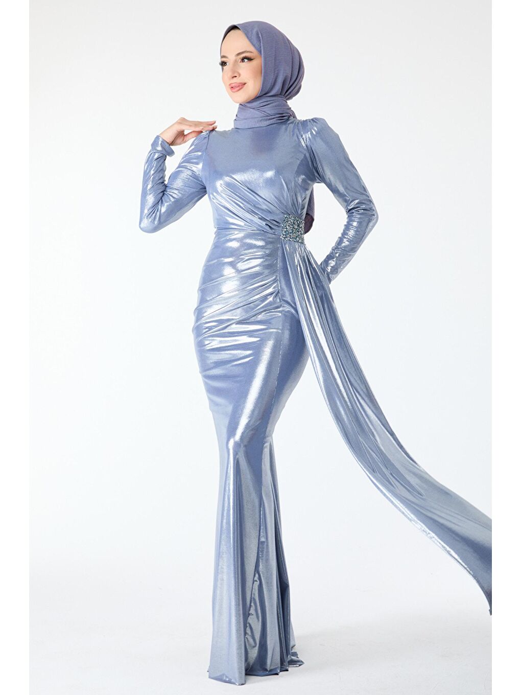 Düz Orta Kadın Gri Beli Taşlı Uzun Kol Abiye Elbise - 24411-3