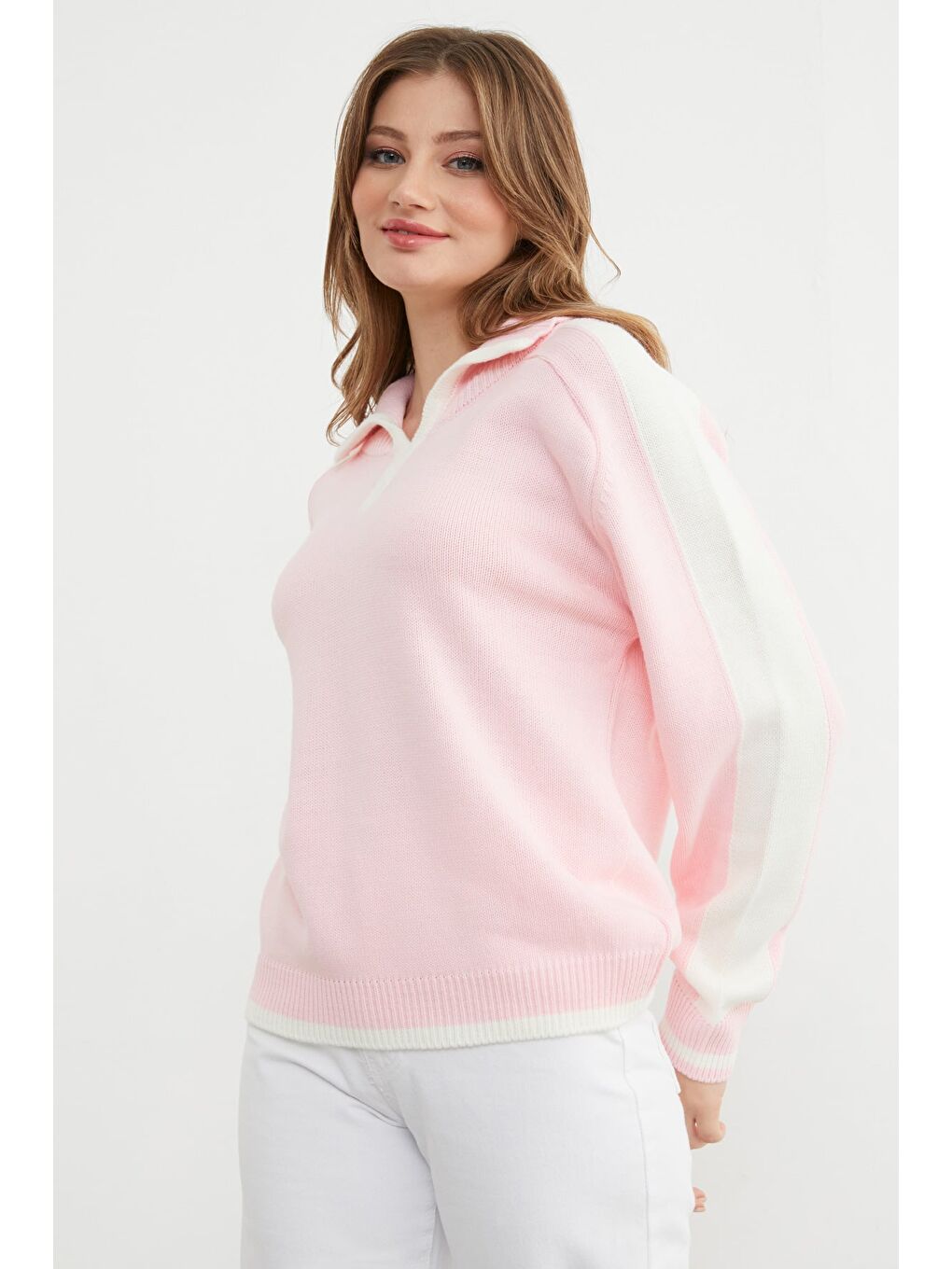 Pembe Şeritli Polo Yaka Salaş Triko Kazak-4