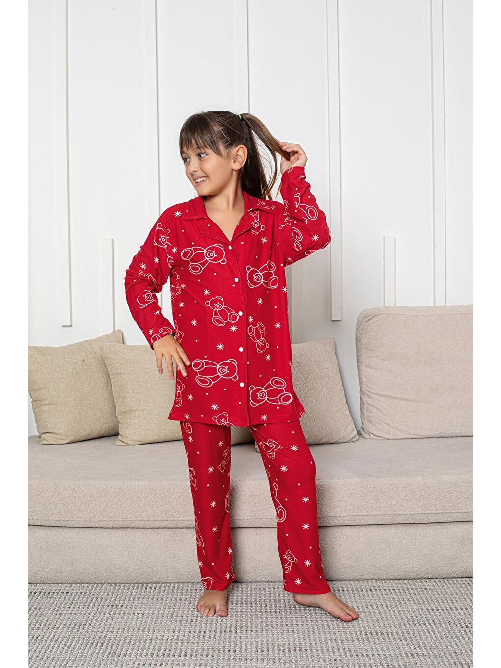 Kız Çocuk Süet Önden Düğmeli Pijama Takım | Kırmızı P605-164-2