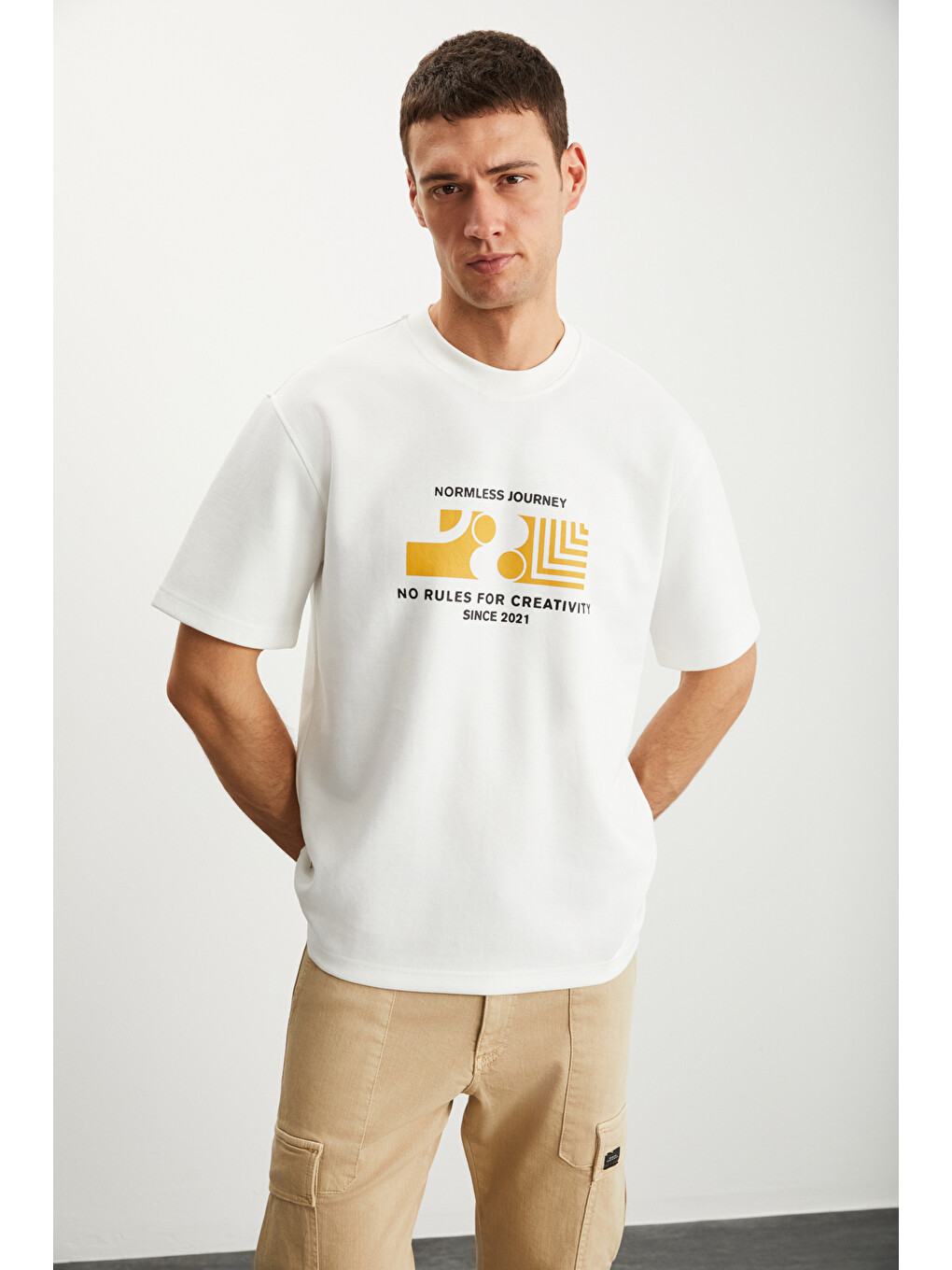 Ramadanp008 Erkek 75% Pamuk 25% Polyester Baskılı Ekru T-shirt