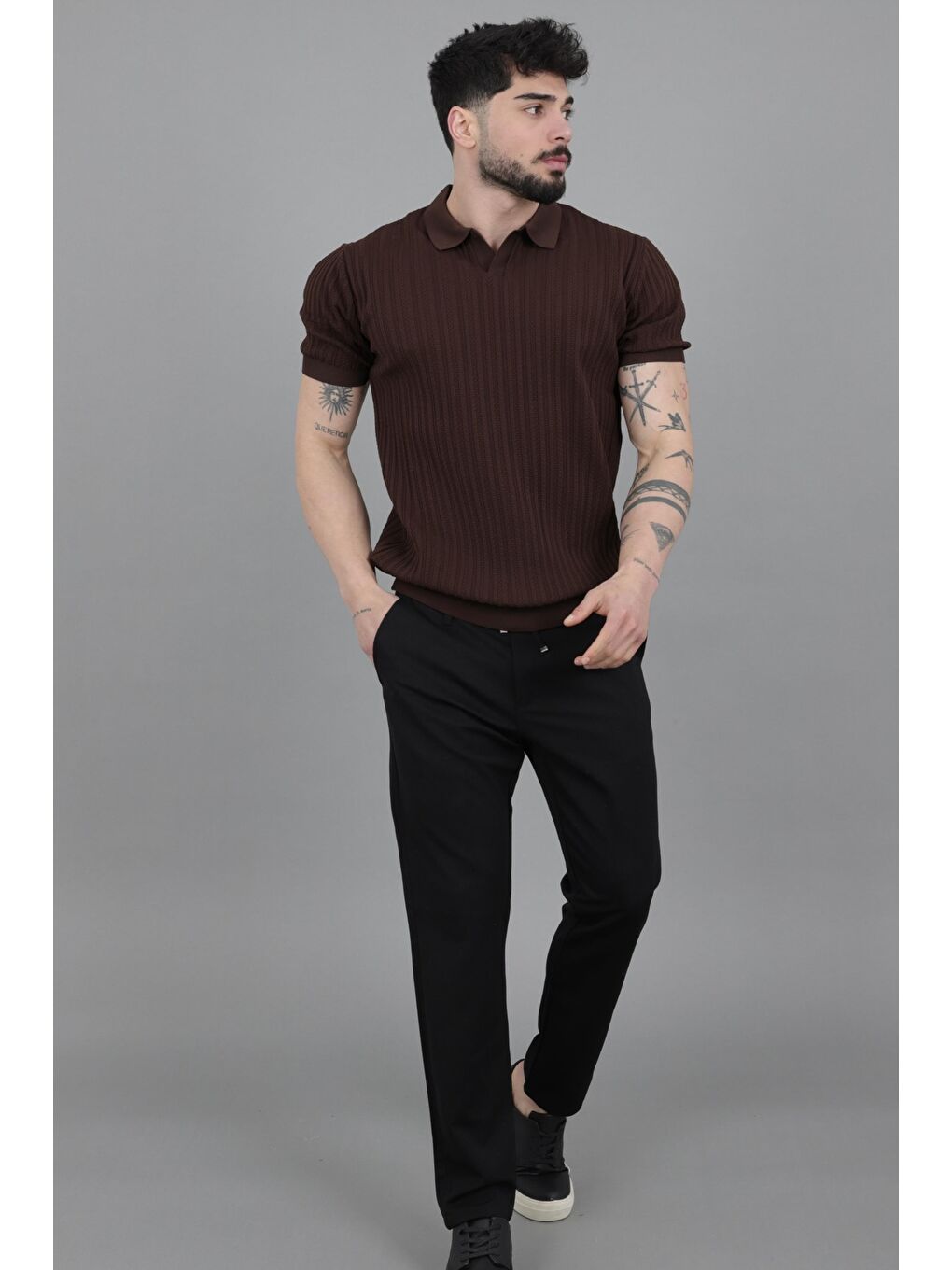 Kahverengi Apaç Yaka Örgü Triko Tişört JRX 5003_30495-3