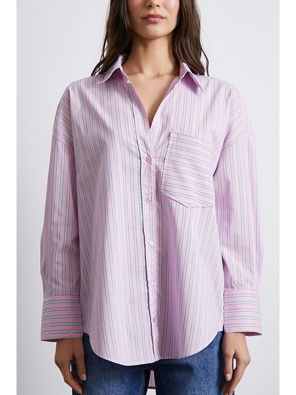 Basic Çift Renk Kontrast Çizgili Gömlek Pembe-1