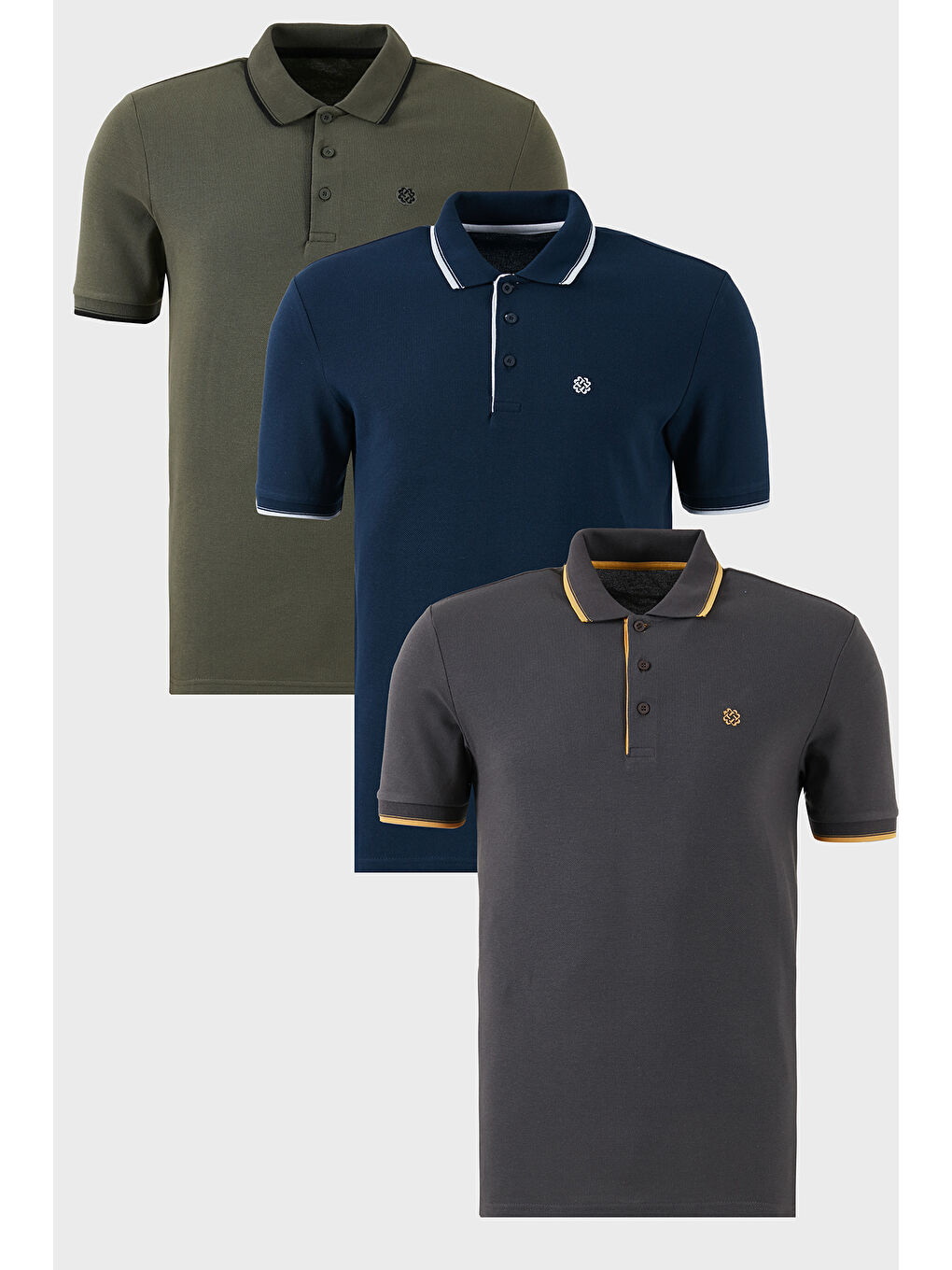 Haki Pamuklu Slim Fit Şerit Detaylı Düğmeli Polo Yaka 3'lü Paket %100 Pamuk Tişört 5902118S3