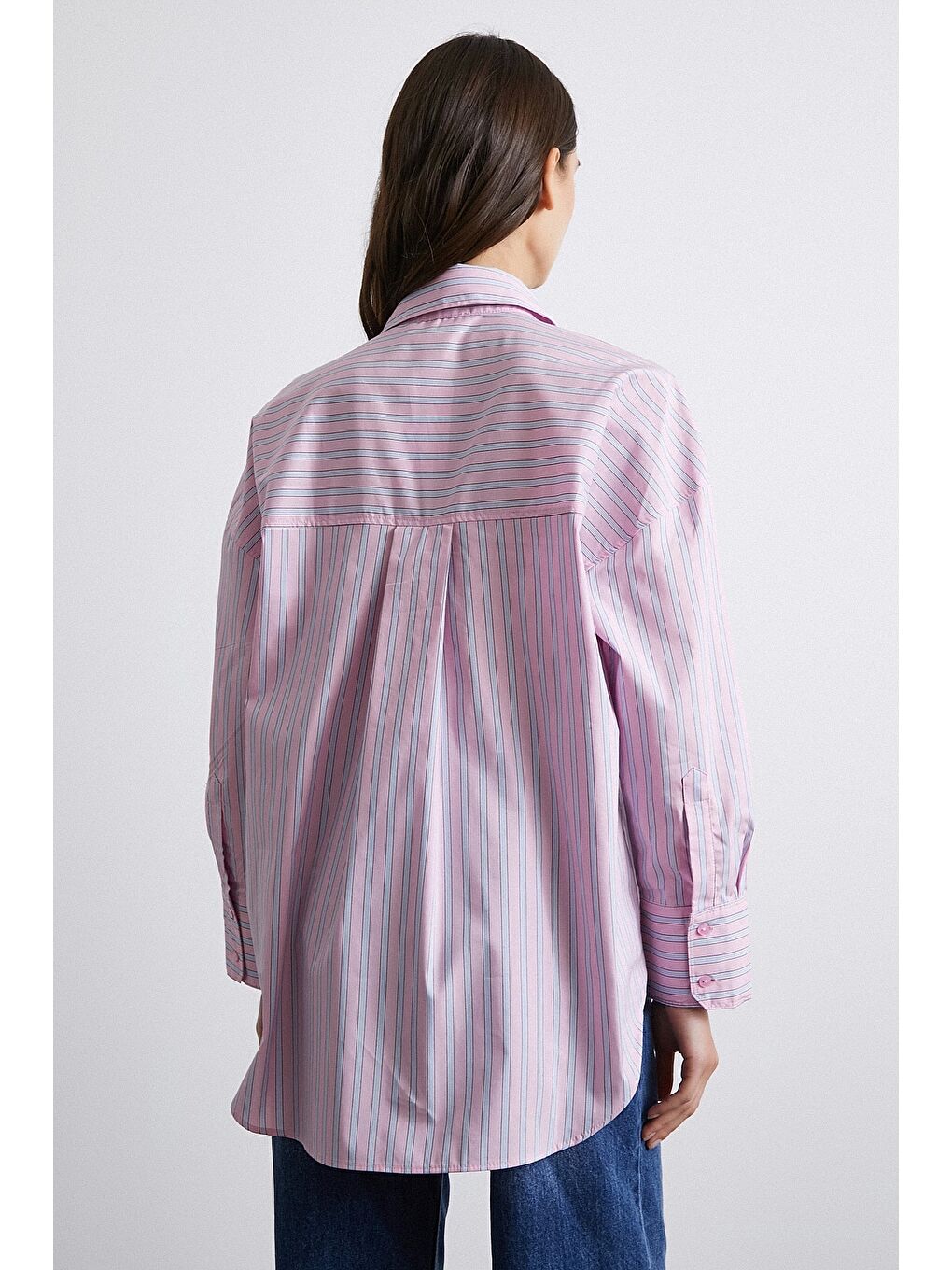 Basic Çift Renk Kontrast Çizgili Gömlek Pembe-2