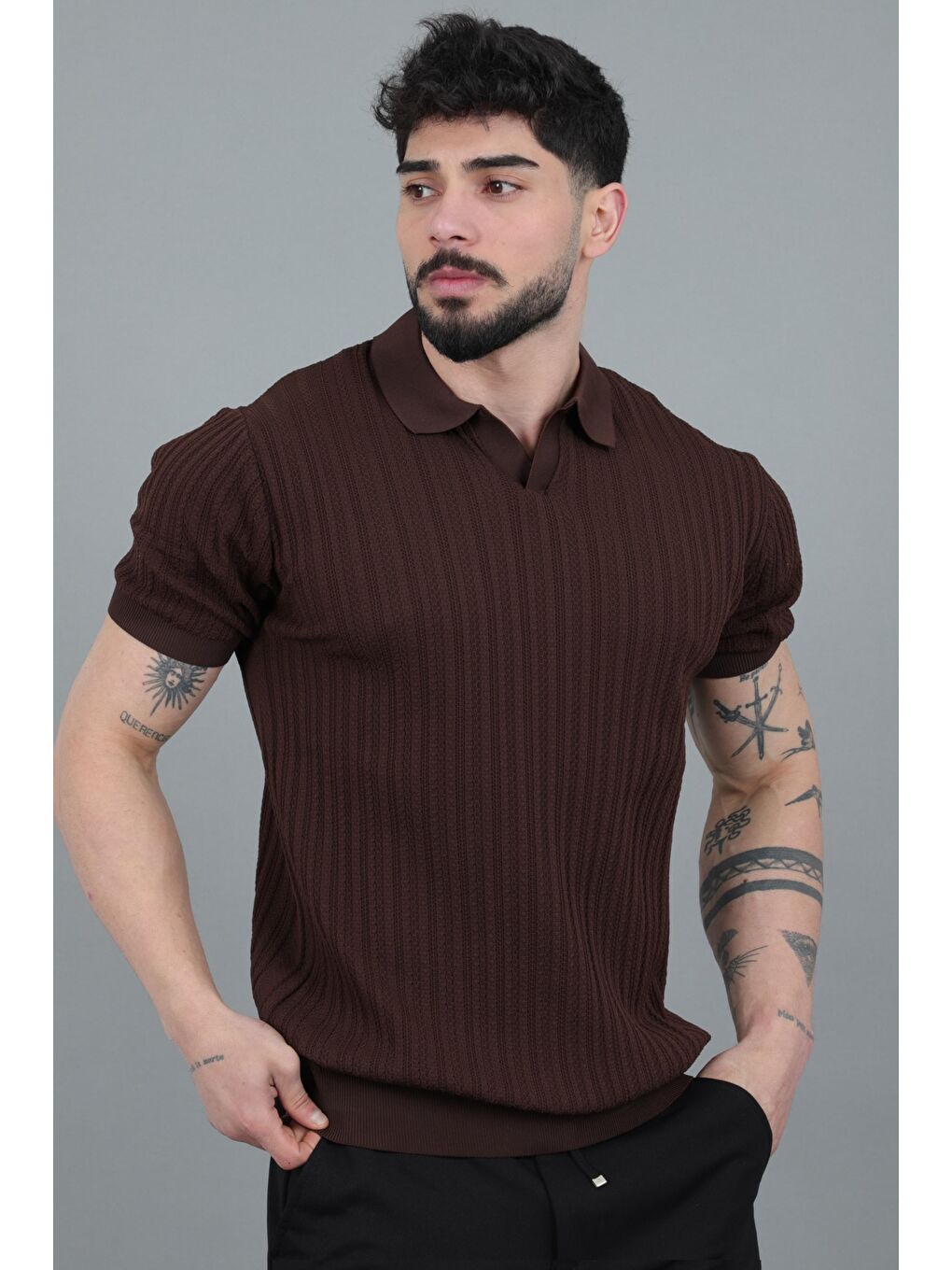 Kahverengi Apaç Yaka Örgü Triko Tişört JRX 5003_30495-4