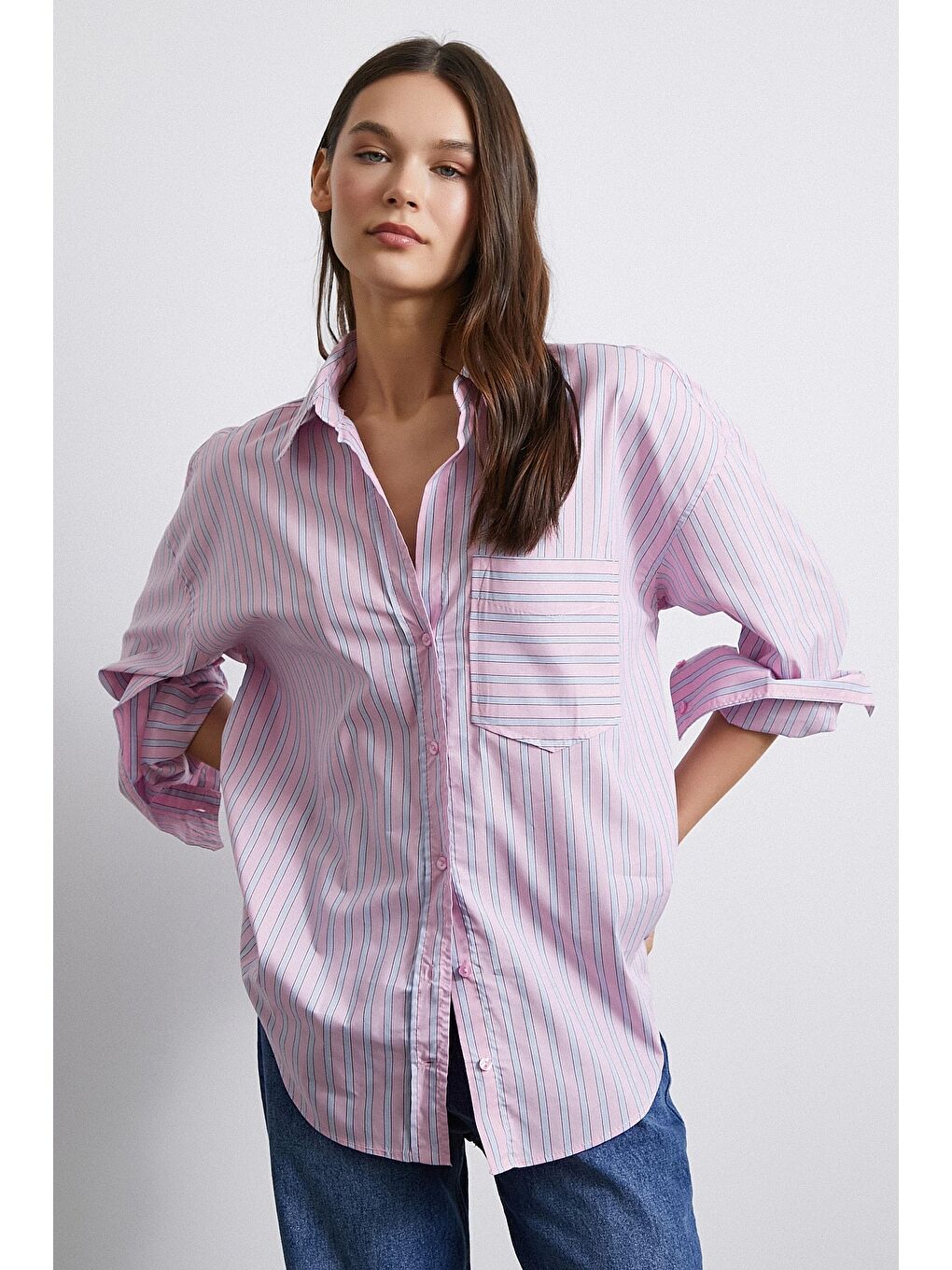 Basic Çift Renk Kontrast Çizgili Gömlek Pembe-3