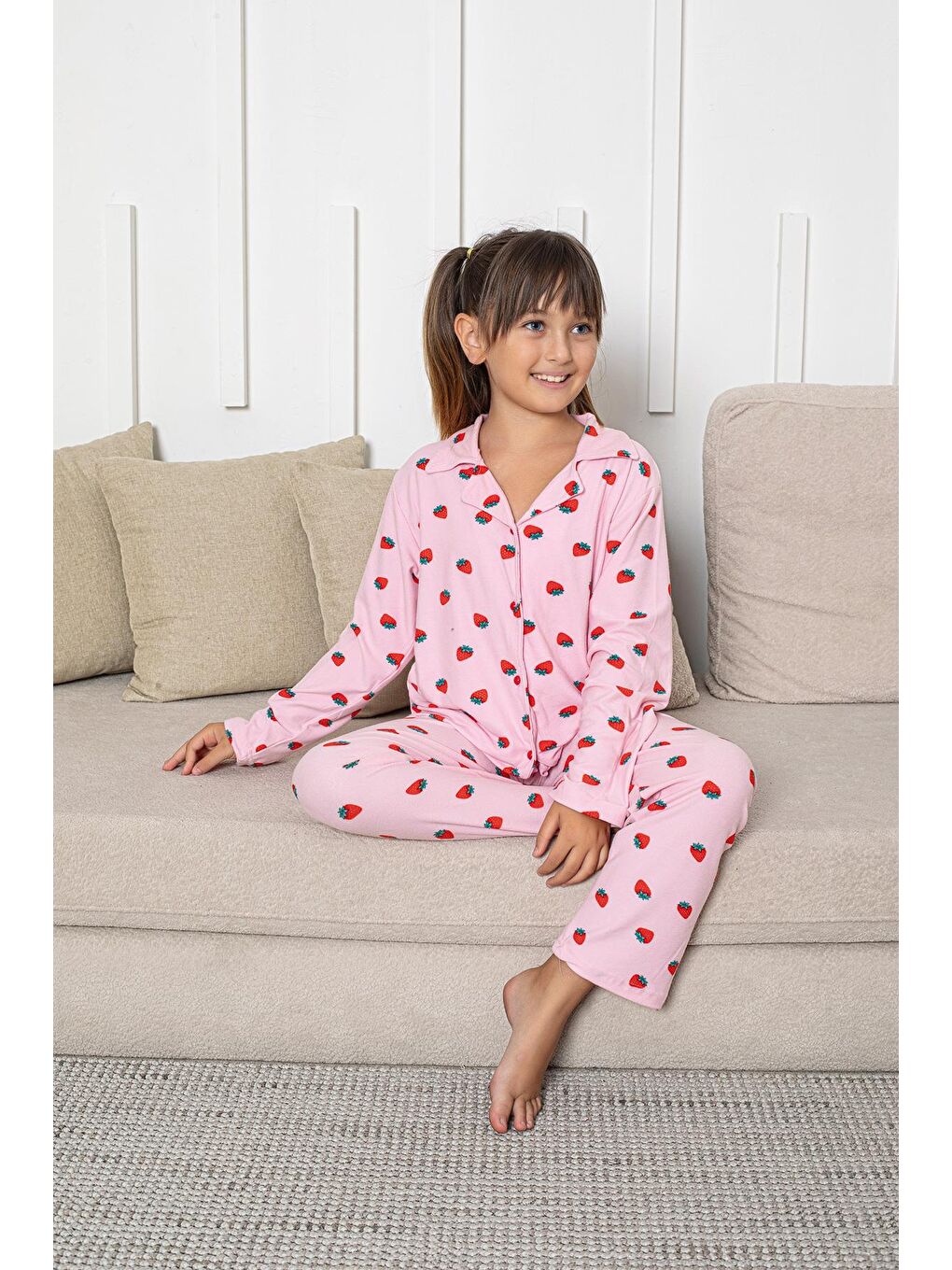 Kız Çocuk Süet Önden Düğmeli Pijama Takım | Pembe P605-163-2