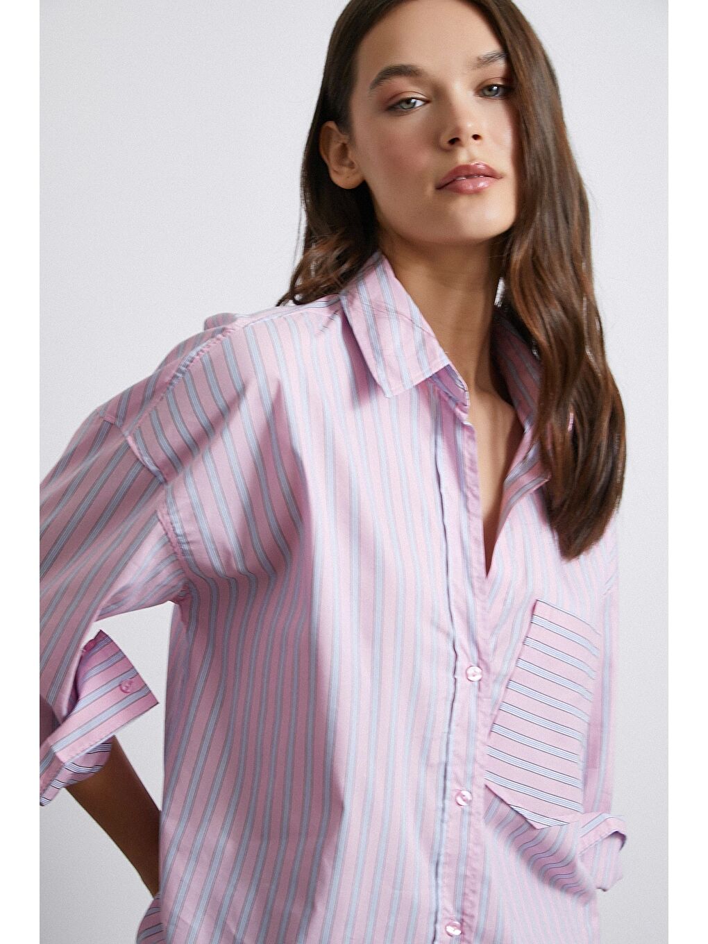 Basic Çift Renk Kontrast Çizgili Gömlek Pembe-4
