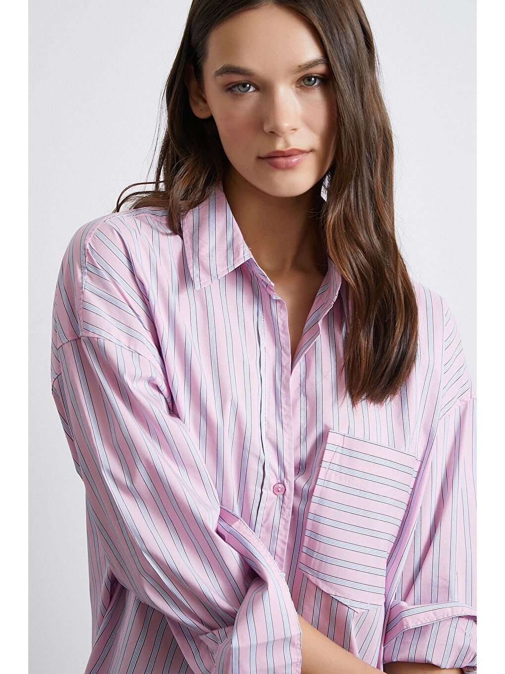 Basic Çift Renk Kontrast Çizgili Gömlek Pembe-5