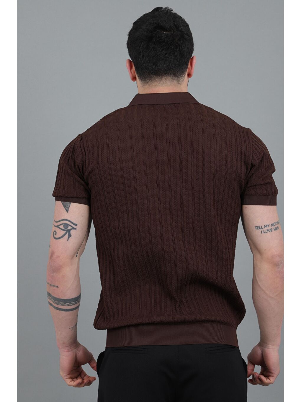 Kahverengi Apaç Yaka Örgü Triko Tişört JRX 5003_30495-5