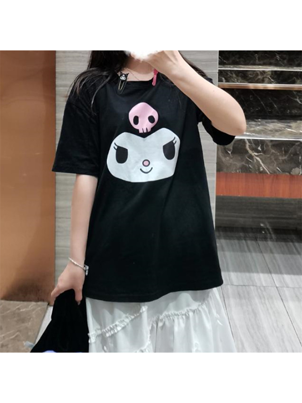 Touz Moda Siyah Kuromi Face Baskılı Siyah Unisex Oversize T-shirt - 6