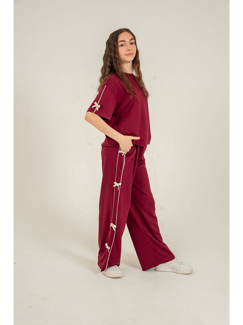 Bordo Üst Kollar Fiyonklu Alt Fiyonklu Yumaşak Dokulu-Comfort Kumaş Kız Çocuk Alt Üst Eşofman Takımı-1