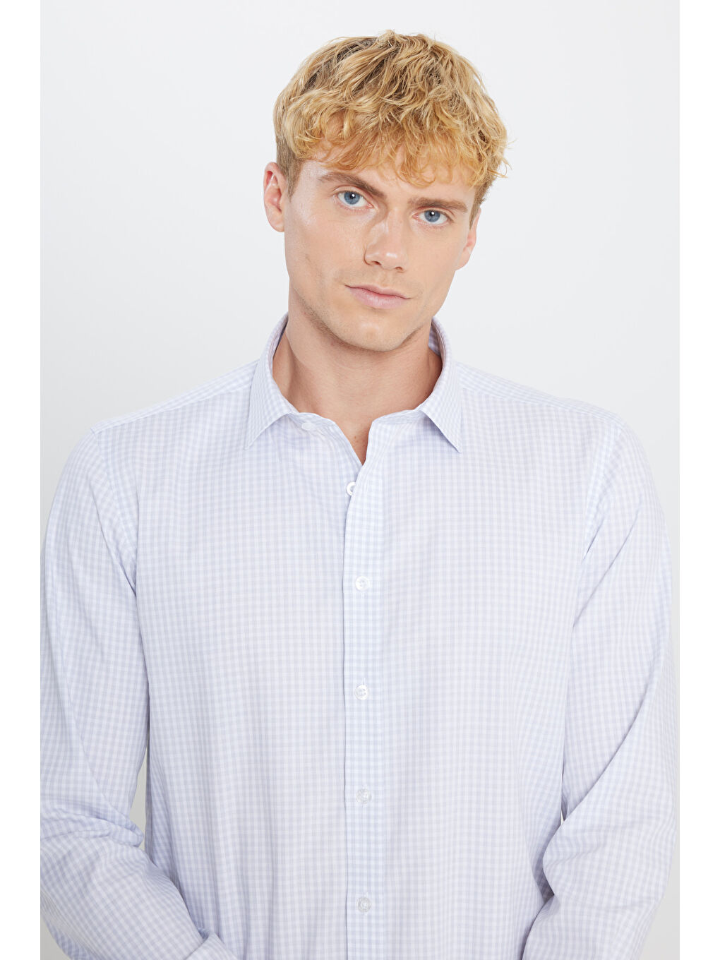 Erkek Gri-Beyaz Ütü Gerektirmeyen %100 Pamuk Slim Fit Klasik Yaka Gömlek-3