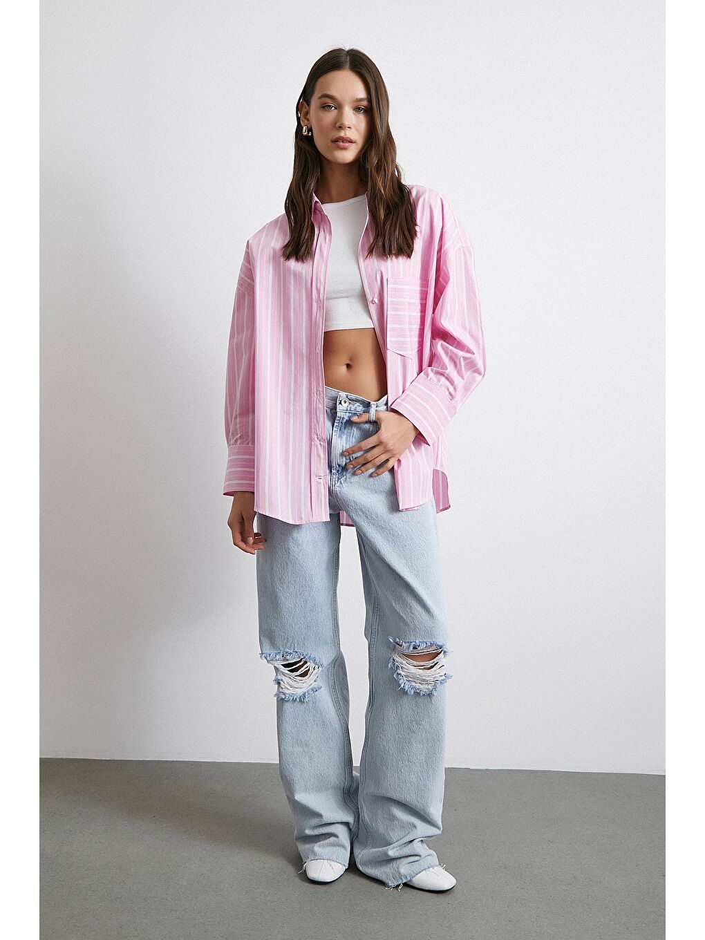 Basic Oxford Çizgili Gömlek Pembe-1