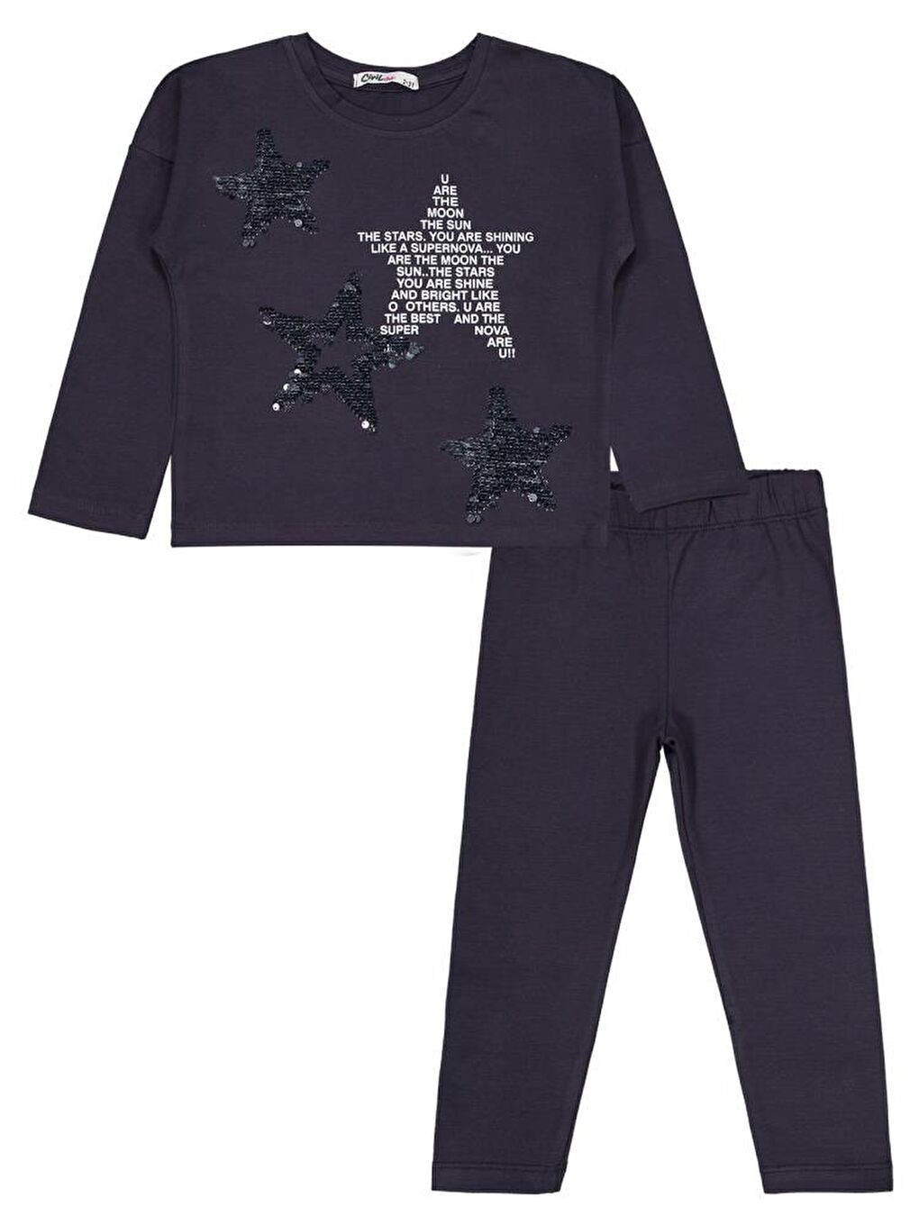 Antrasit Girls Simli Yıldız Baskılı 2-5 Yaş Takım-1